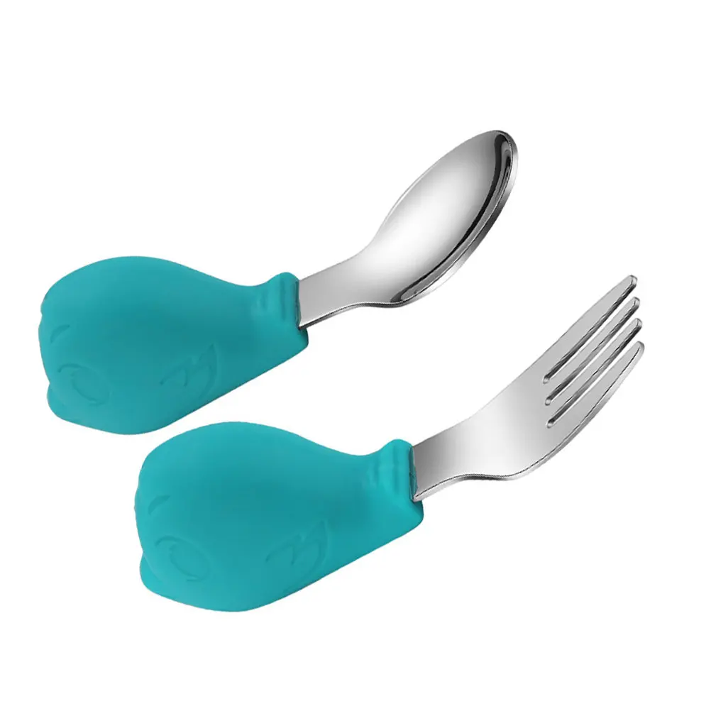 

1Set Stainless Steel Silicone Baby Spoons and Forks Food Grade Heat Resistant Toddler Training Utensils for Learning to Eat