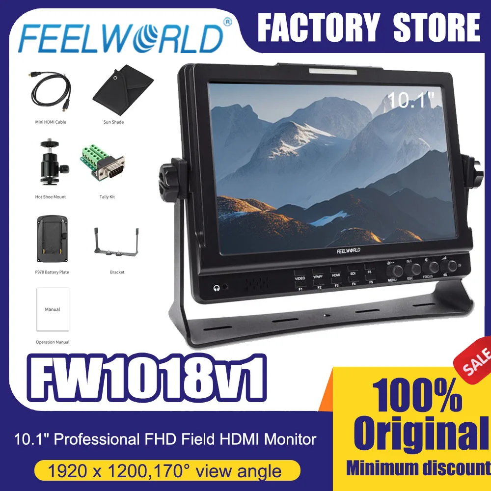 Feelworld 10.1 inch Camera Field Monitor FW1018V1 Full HD 1920x1200 IPS Display HDMI YPbPr Video Audio Input for DSLR Cameras