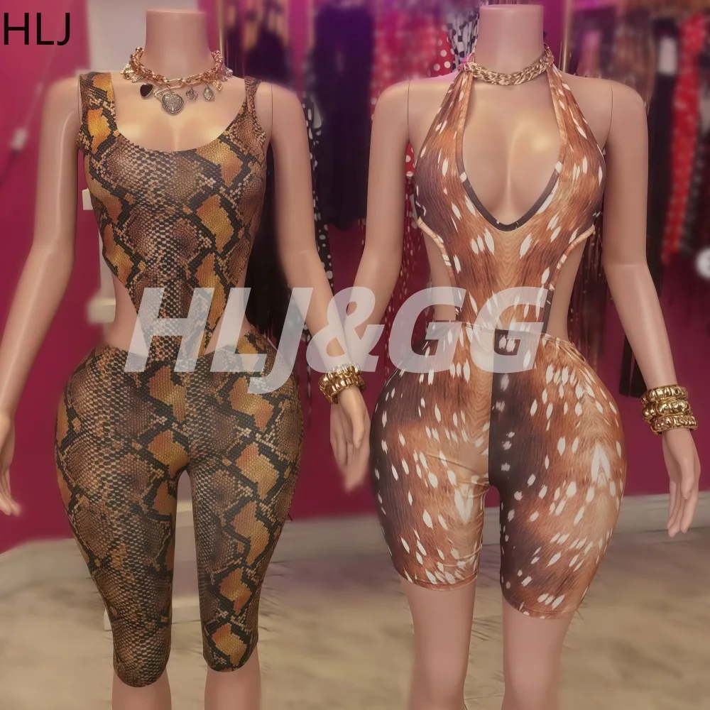 

HLJ Sexy Sexy Snake Print Patchwork Women 2 Piece Outfit Set Sleeveless Cutout Cami Playsuits + Capri Pants Female Streetwear