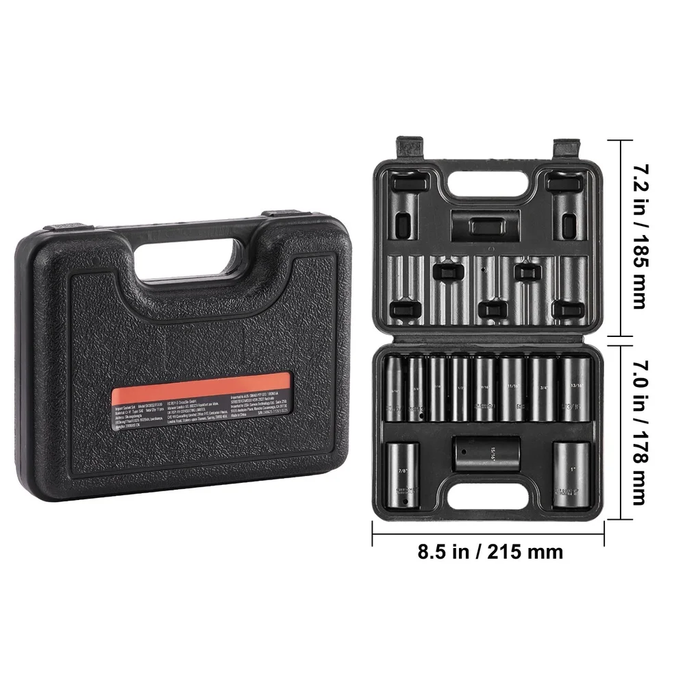 11ピース 3/8インチ ディープインパクトソケットセット SAE 5/16～1インチ CR-V鋼 高トルク耐久性 耐久性キャリングケース付き