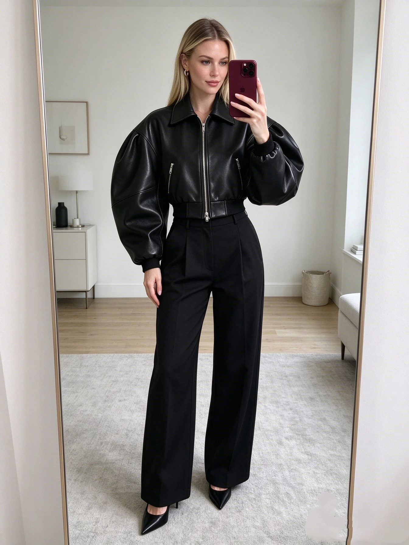 Women's Faux Leather Bomber Jacket with Oversized Balloon Sleeves and Classic Collar