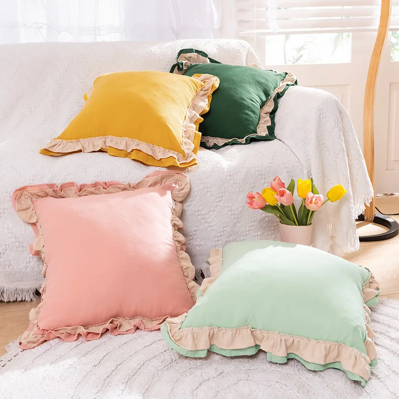 

Solid Color Princess Lotus Leaf Lace Pastoral Pillowcase Living Room Sofa Cushion Cover Bedroom Throw Pilllow Case Home Decor