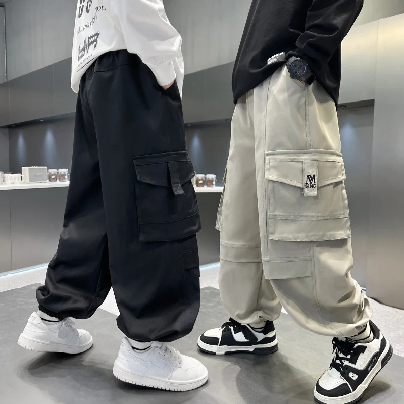 Stylish Child Elastic Waistband Cargo Track Pants with Pocket for Tween Boy Casual Long Trousers Teenage Kids Outdoor Sweatpants