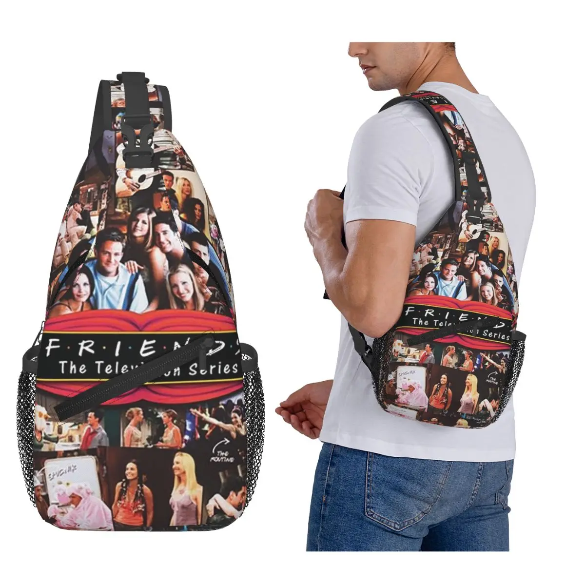 

Ретро Винтаж Друзья Коллаж Классическая ТВ нагрудная сумка Мужской рюкзак через плечо на слинге Нагрудная сумка Дорожный походный рюкзак Сумка на плечо