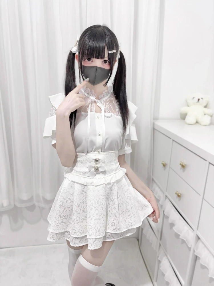 Japanese Mine Style Lace Splicing Ruffle Short Sleeve Lace-up Bow Single Breasted Sweet Versatile Lolita Shirt Blouses Top Women