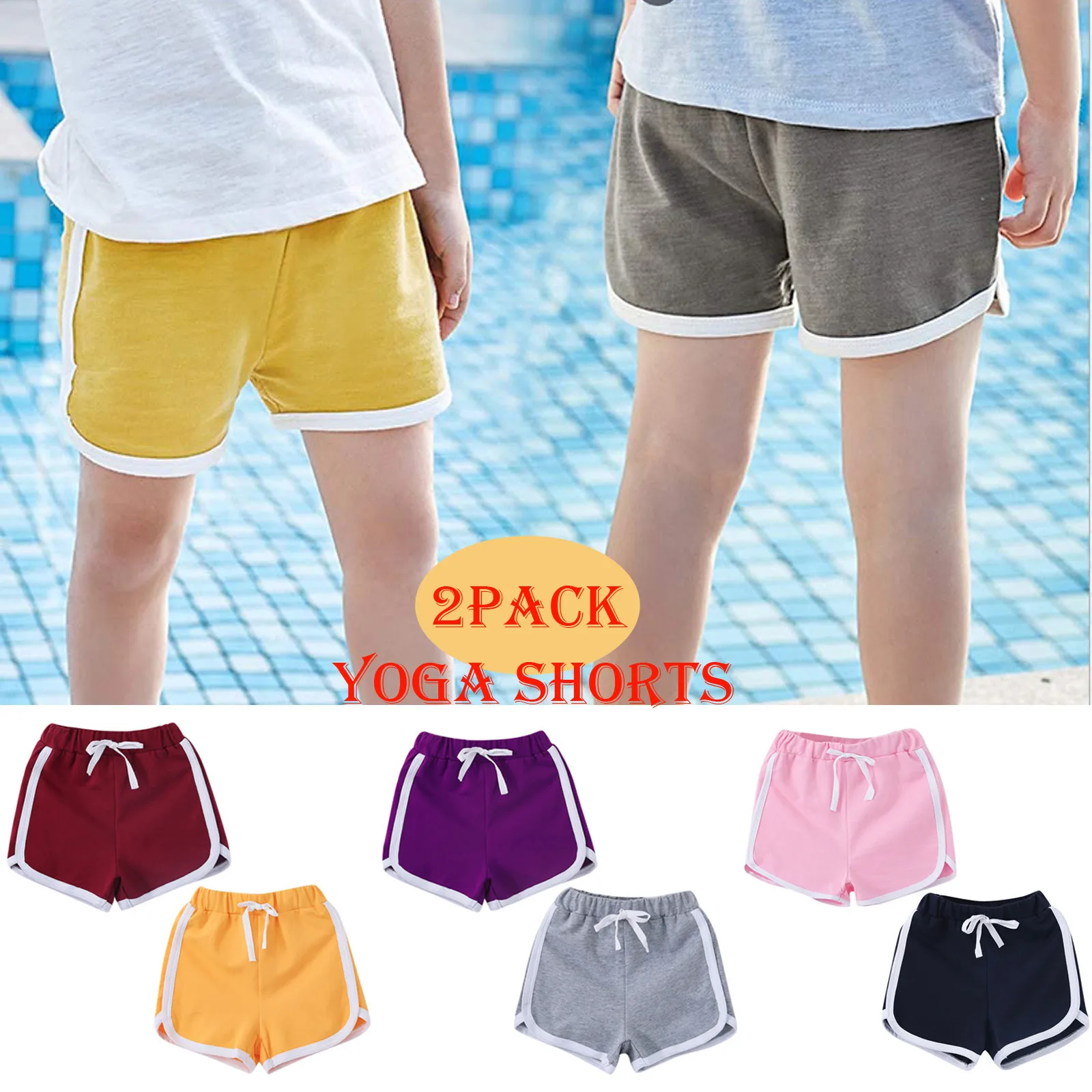 2 Pack Yoga Shorts Kids Drawstring Waistband Casual Sport Shorts Girls Boys Summer Active Shorts Breathable Lounge Shorts T1