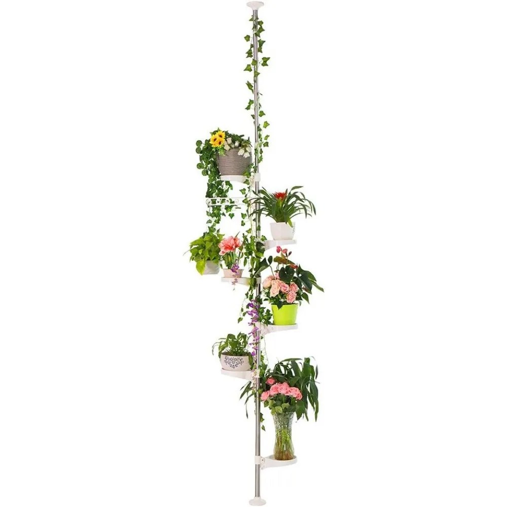 

7-Layer Indoor Plant Stand Spring Tension Pole Metal Flower Display Rack Space Saver Corner Shelf, Ivory