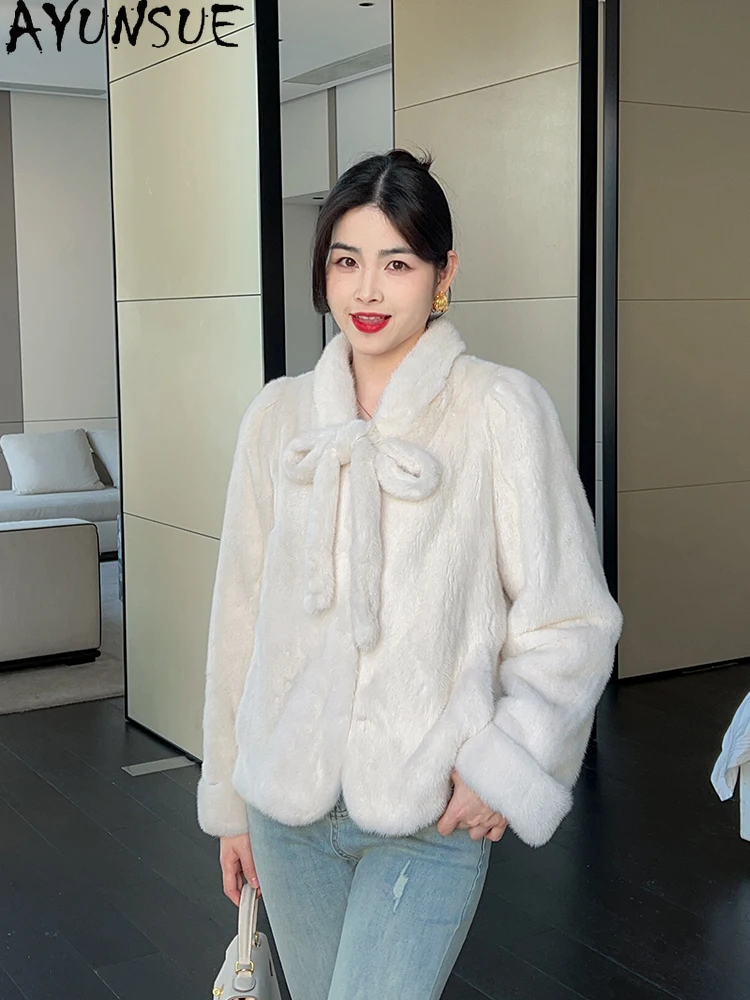 AYUNSUE Bow Natural Velvet Mink Fur Jacket Woman Luxury Whole Mink Winter Jacket for Woman Clothes High Quality Кофта С Мехом