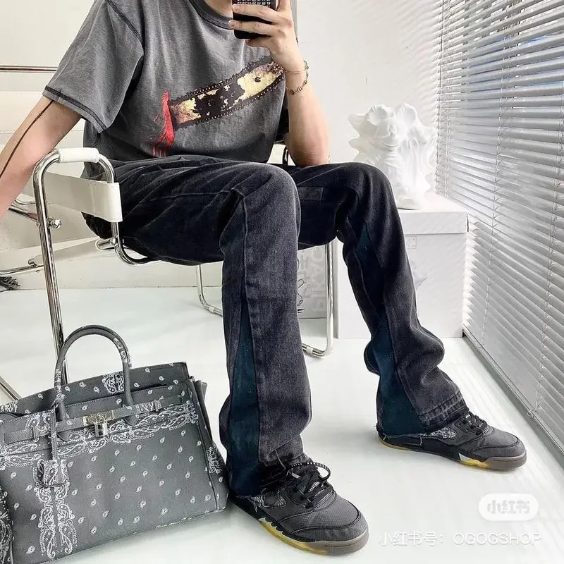 2025 New Washed Vintage Loose Patchwork Flare Irregular Frayed Hem Jeans Men Trendy Versatile Long Pants