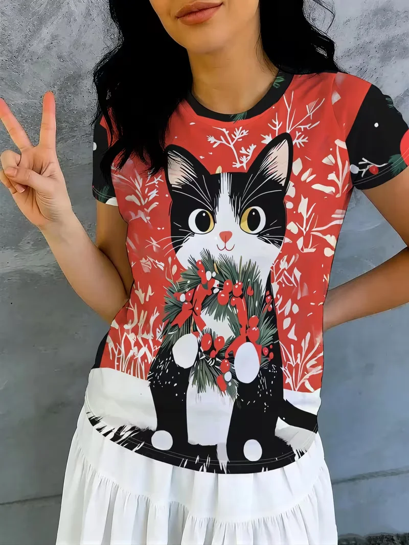 S-3XL plus size women's short sleeved round neck T-shirt, 3D Christmas element printed casual top, Christmas party T-shirt