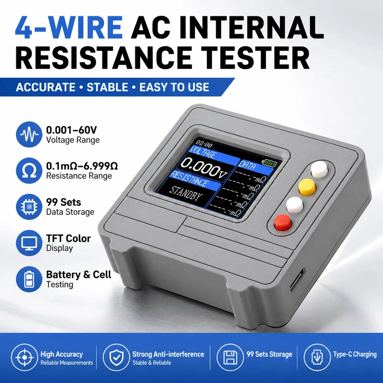 

Mini 4-Wire AC Internal Resistance Tester 0.001-60V 0.1mΩ-6.999Ω Battery Voltage Meter with TFT Display