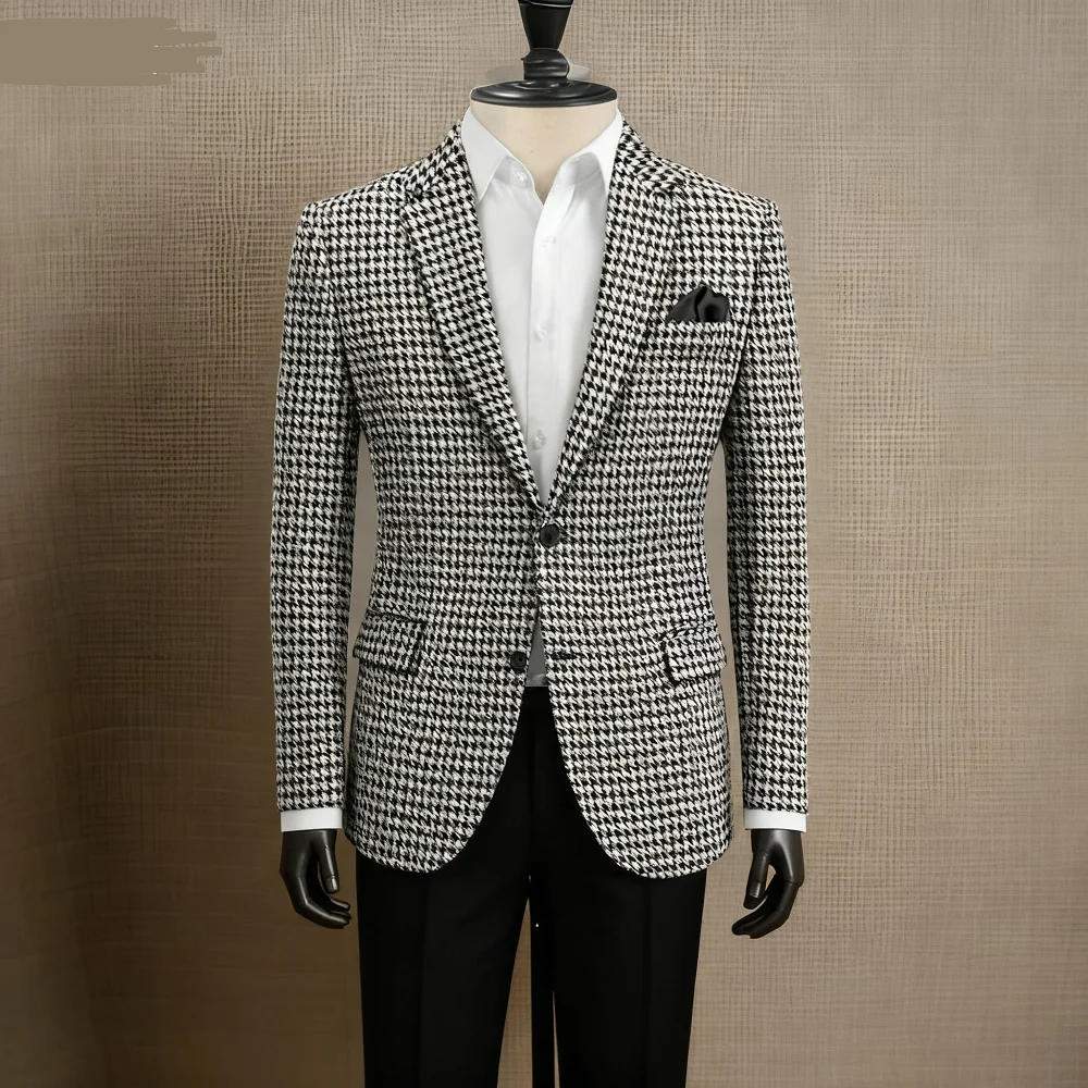 

Мужской приталенный смокинг с узором «гусиные лапки», пиджак в американском стиле для свадьбы, клетчатый костюм, пиджак с лацканами, цельный