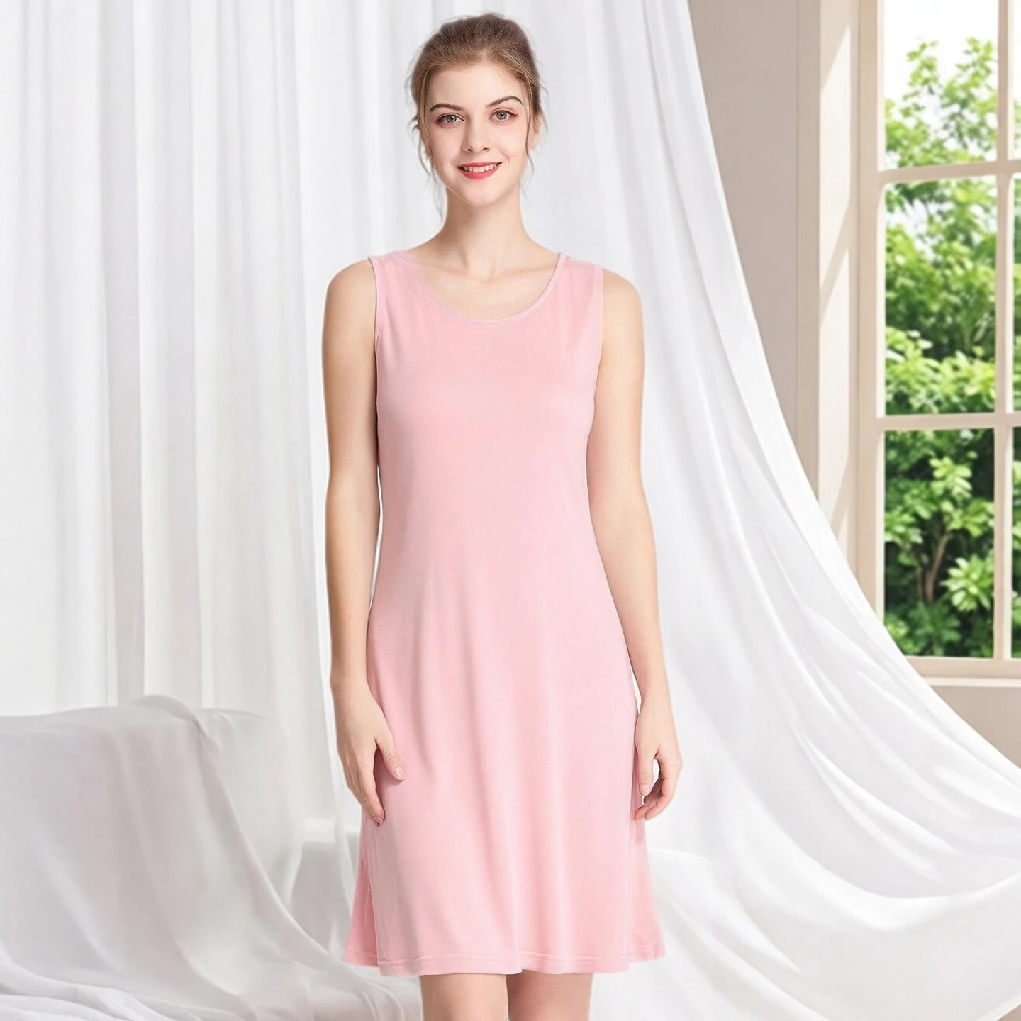 Women's 25%Mulberry Silk Knit Sleeveless Tank Nightgown, Midi Base Layer Slip Dress, Skin-friendly and Breathable Underlayer