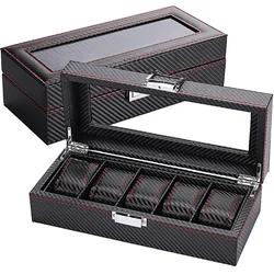 WellZone Fashion Style 5/6/10/12 Positions Black Carbon Fiber Pattern Display Jewelry Storage Case Box Watch Storage Case