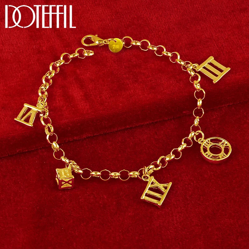 DOTEFFIL 18K Gold 925 Sterling Silver Five Roman Numeral Pendant Bracelet For Women Charm Wedding Engagement Party Jewelry