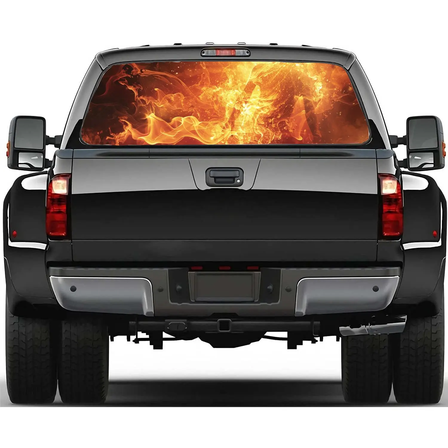 Pára-brisa traseiro do carro adesivo, ver através perfurado janela traseira vinil decalque, queimando chama vermelha fumaça impressão, caminhão decoração