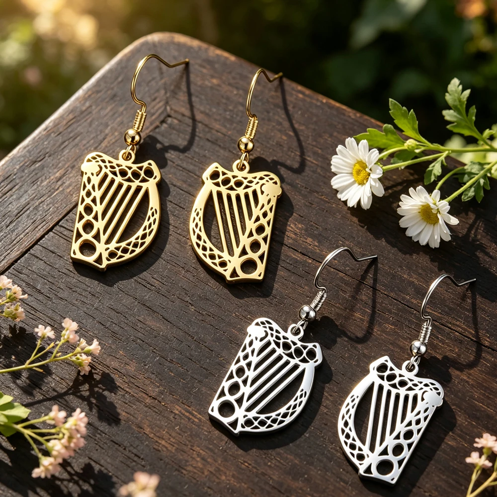 Irish Harp Pendant Women Earrings Celtics Knot Hollow Dangle Earrings St Patricks Day Gift  Stainless Steel Vintage Jewelry
