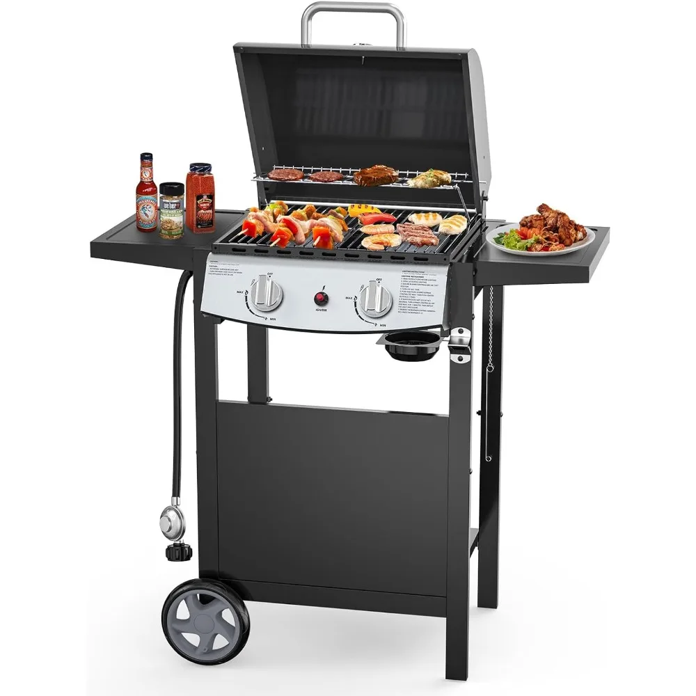 2 Burner BBQ Propane Gas Grill, 20,000 BTU Stainless steel Gas Grill with Two Side Storage Shelves,Barbecue Gas Grill