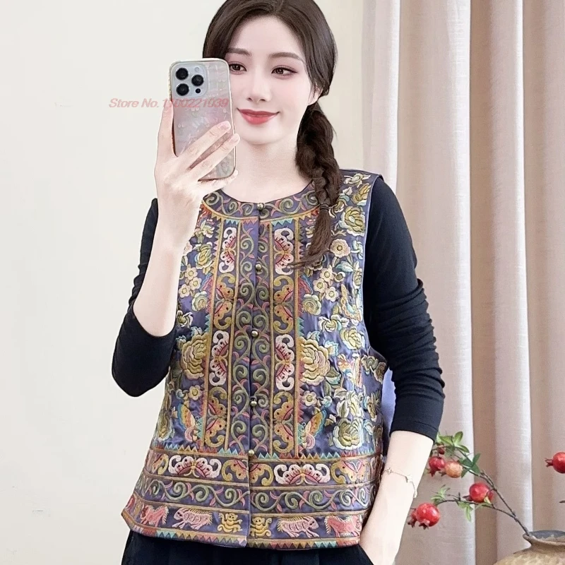

2025 традиционный этнический жилет с цветочной вышивкой, китайский винтажный топ ханьфу, ретро куртка без рукавов, восточный свободный жилет с круглым вырезом в народном стиле