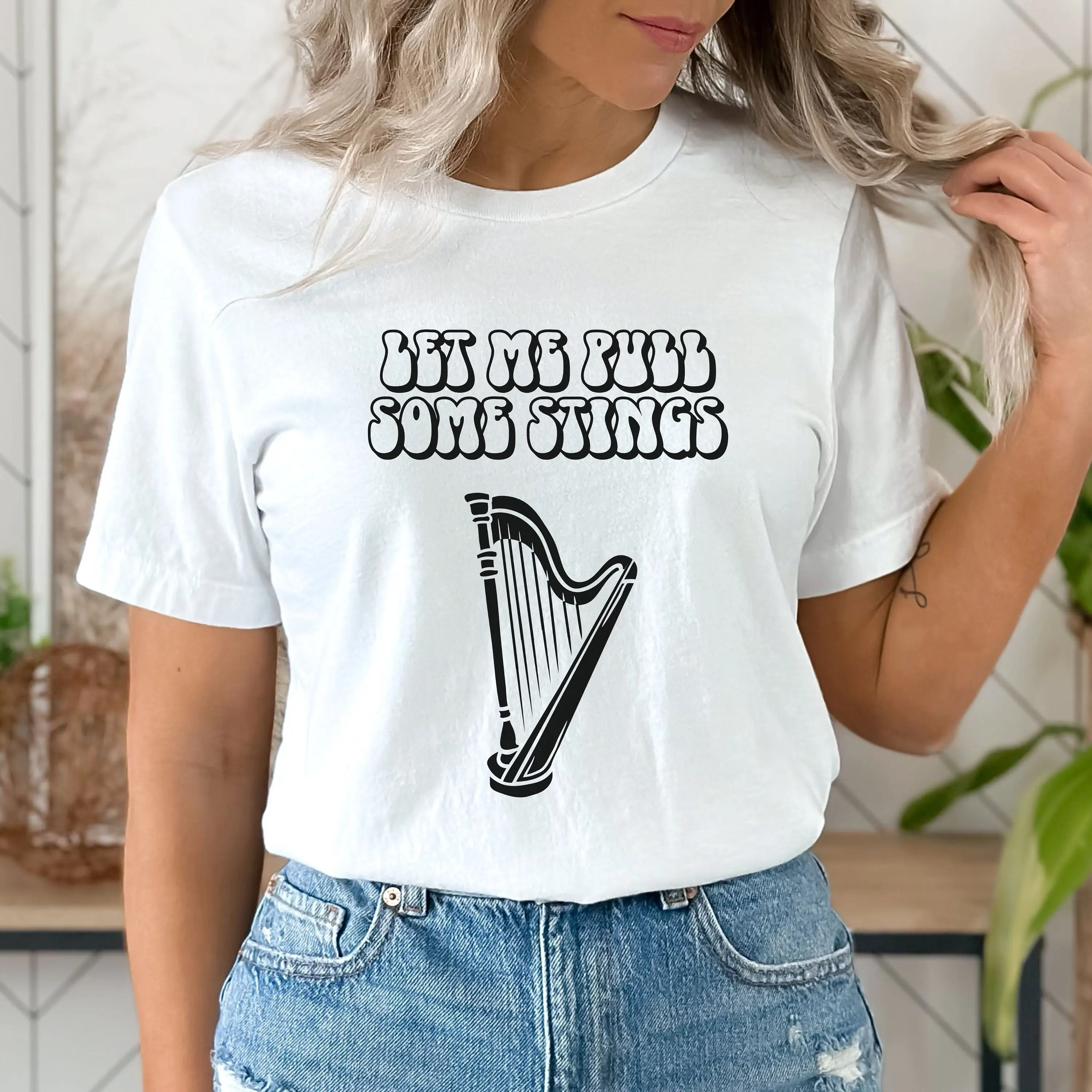 Funny Harp player T shirt lover symphony harpist gift for him or her musician tee music teacher pull stings