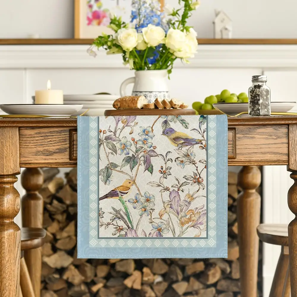 

Blue Birds & Flower Blossom Table Runner - Seasonal Spring Floral Decor for Home Kitchen/Dining Table & Party