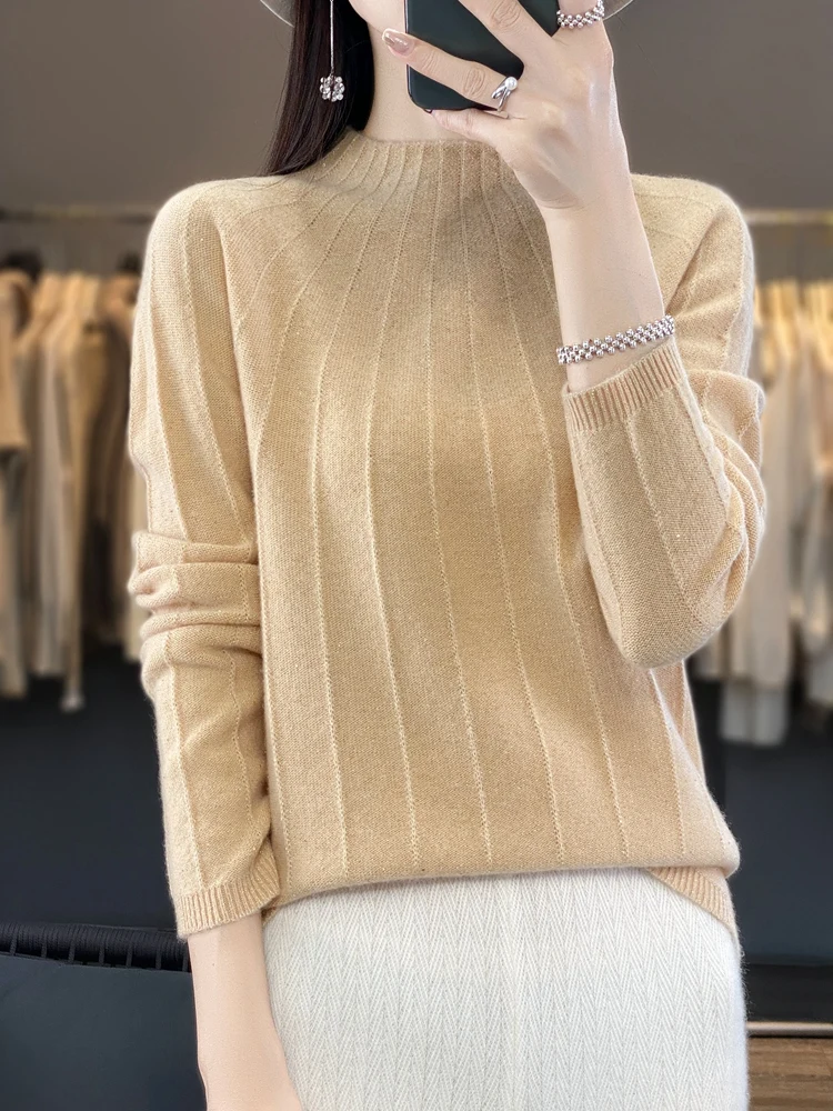 New Chic Women Sweater Autumn Winter Mock Neck Pullover 100% Merino Wool Shiny Cashmere Knitwear Korean Fashion Female Clothing