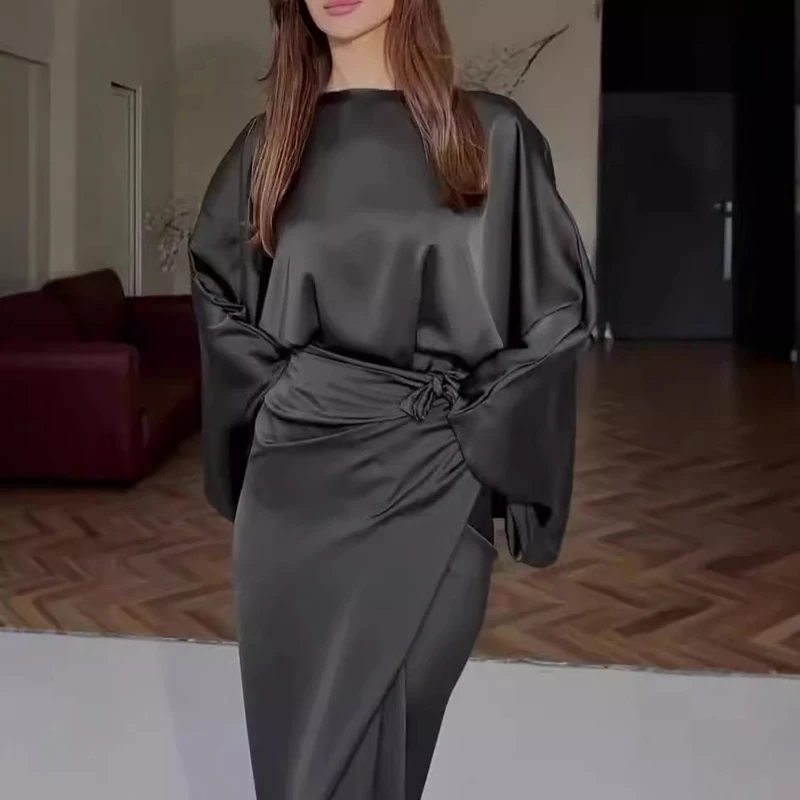 Elegante Frauen Tie-up Taille Satin Kleid Casual Weibliche Oansatz Drapierte Lange Kleid Vintage Einfarbig Fledermaus Ärmel Robe party Kleid