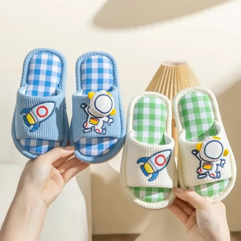 2026 Cartoon linen fan slippers children four seasons home floor household mute cotton linen sweat slippers soft and comfortable