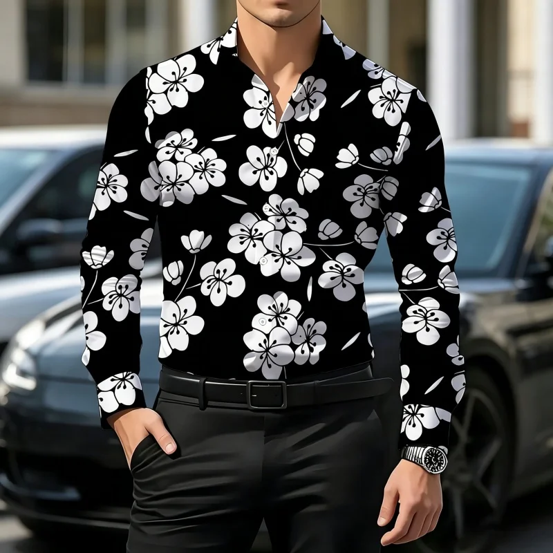 

2026 new floral printed men's shirt with contrasting colors, slim fit long sleeved shirt, business and casual versatile top