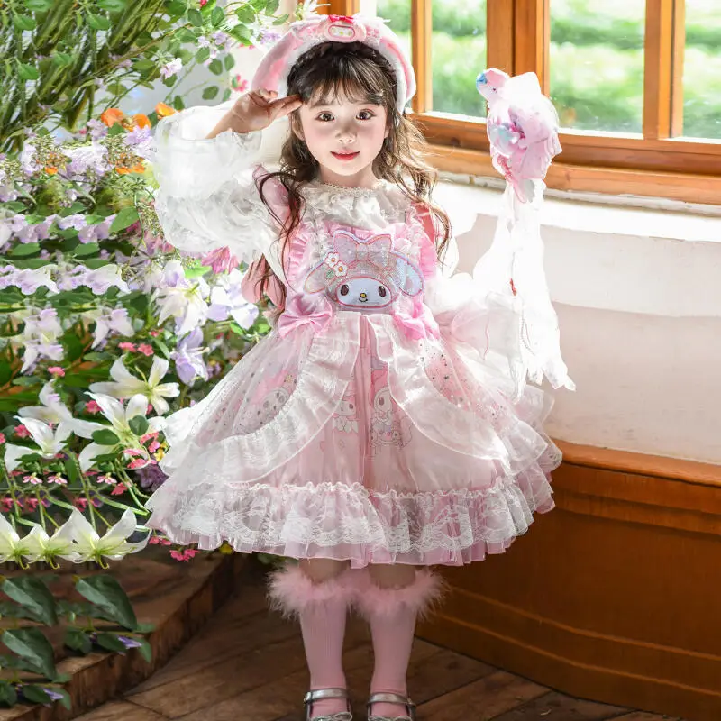 

My Melody Cartoon Girl Lolita Princess Dress Summer Mesh Puff Skirt Sweet Cute Party Evening Dress Straps Dress Festival Gift