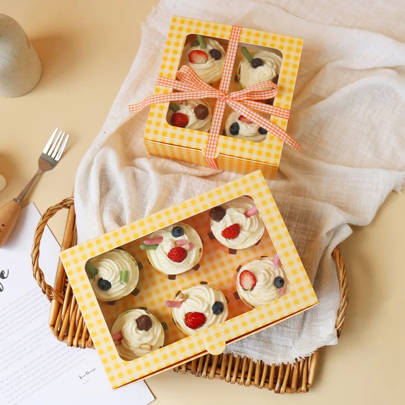 10 PCS 4/6 Insert Yellow Lattice Cupcake Packaging Paper Box Dessert Muffin Mousse Egg Tart Package Wholesale Wedding Engagement