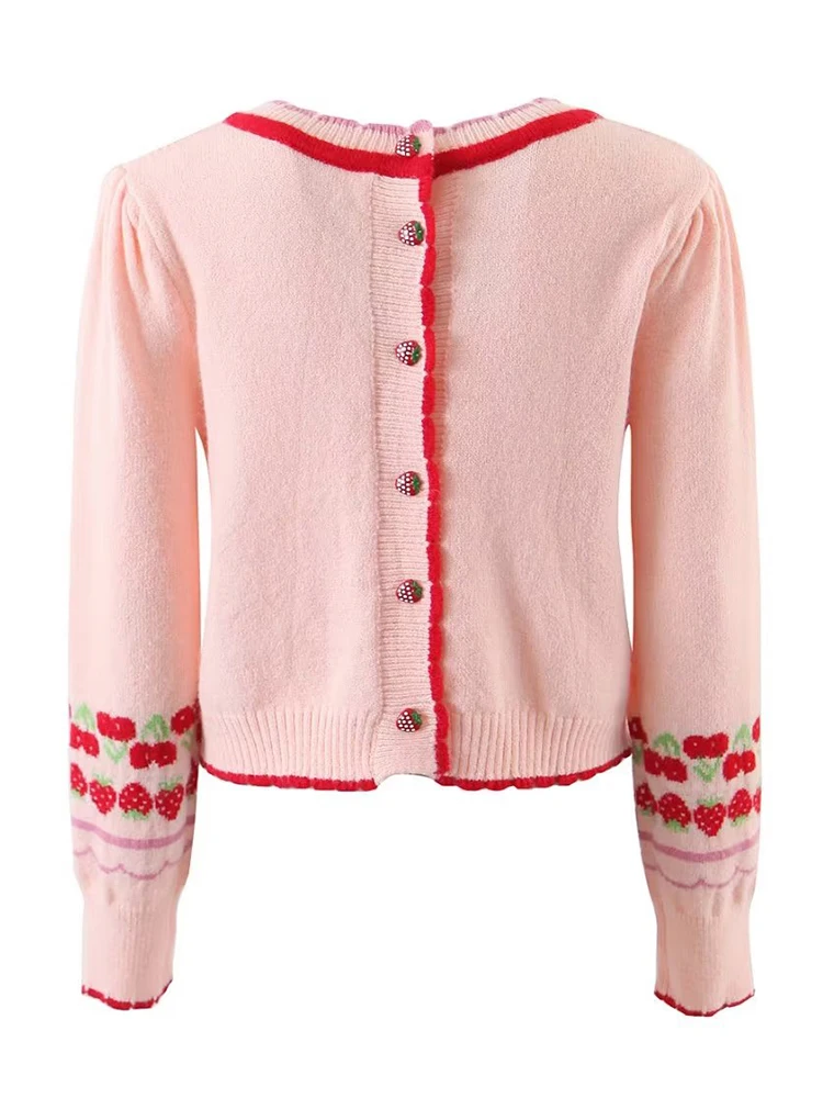 YENKYE New Fashion Women Sweet Pink Strawberry Cherry Thin Knit Sweater O Neck Long Sleeve Female Crop Pullover Autumn Tops