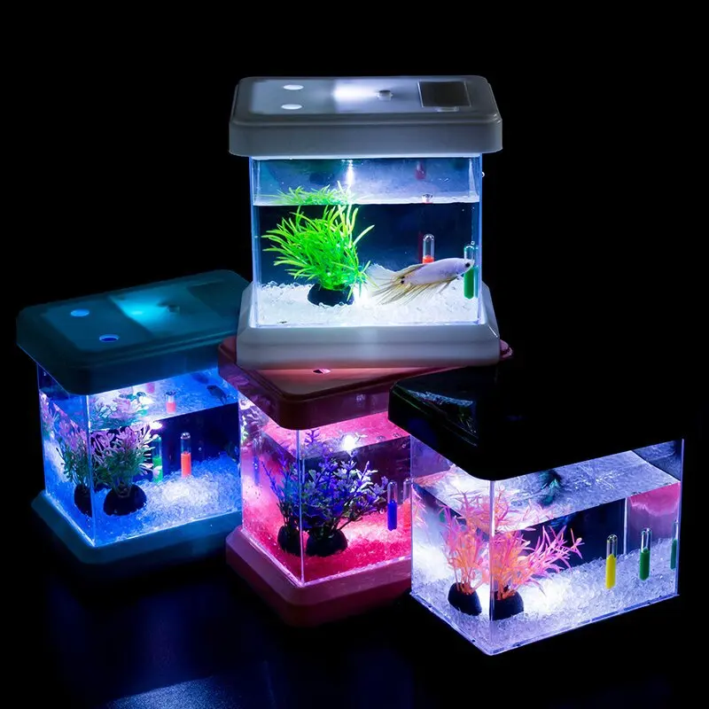 Colorful Color Changing Creative Light Bucket Plastic Fish Tank Removable Desktop Viewing Landscaping Box Mini Aquarium For Kids