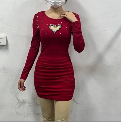 Sexy Dresses for Women 2023 Autumn Winter Spring New Fashion Casual Solid Elegant Hollow Heart Beaded Ribbed Bodycon Dress