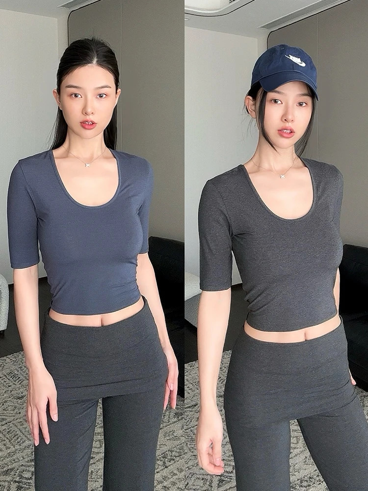 

Mod Acetate U-Ne Mid-Sve T-irt Elastic Fitn Yoga Top Front Ba Two-Way Wear Summer Casual Women's Tee