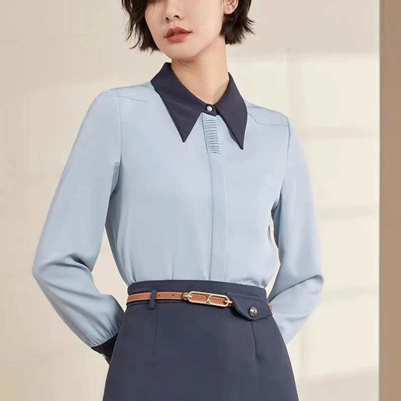 

Spring Autumn Elegant Patchwork Blue Women's Blouse 2025 Long Sleeve Turn-down Collar Korean Casual Loose Office Shirts Female