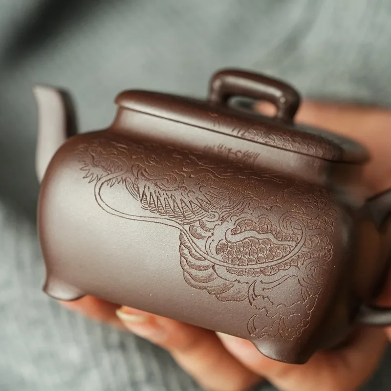 Authentic purple clay pot, large-capacity tea set for elders, square stove pot, pure hand-carved dragon bubble teapot