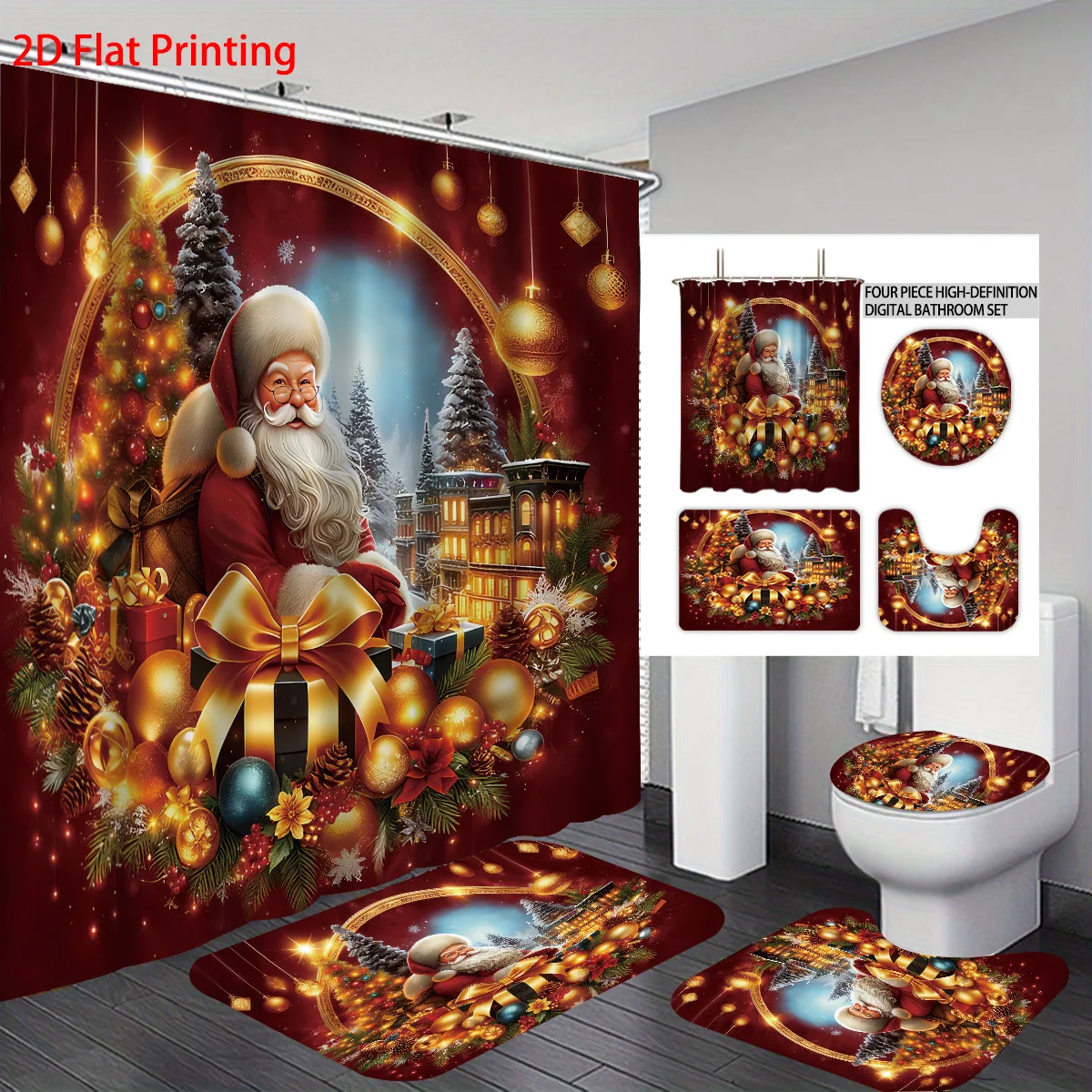 Waterproof Bath curtain set,Christmas Bath Curtain with 12 Hooks,  Floor Mat Toilet Cover Bathroom Home Decor Various sizes