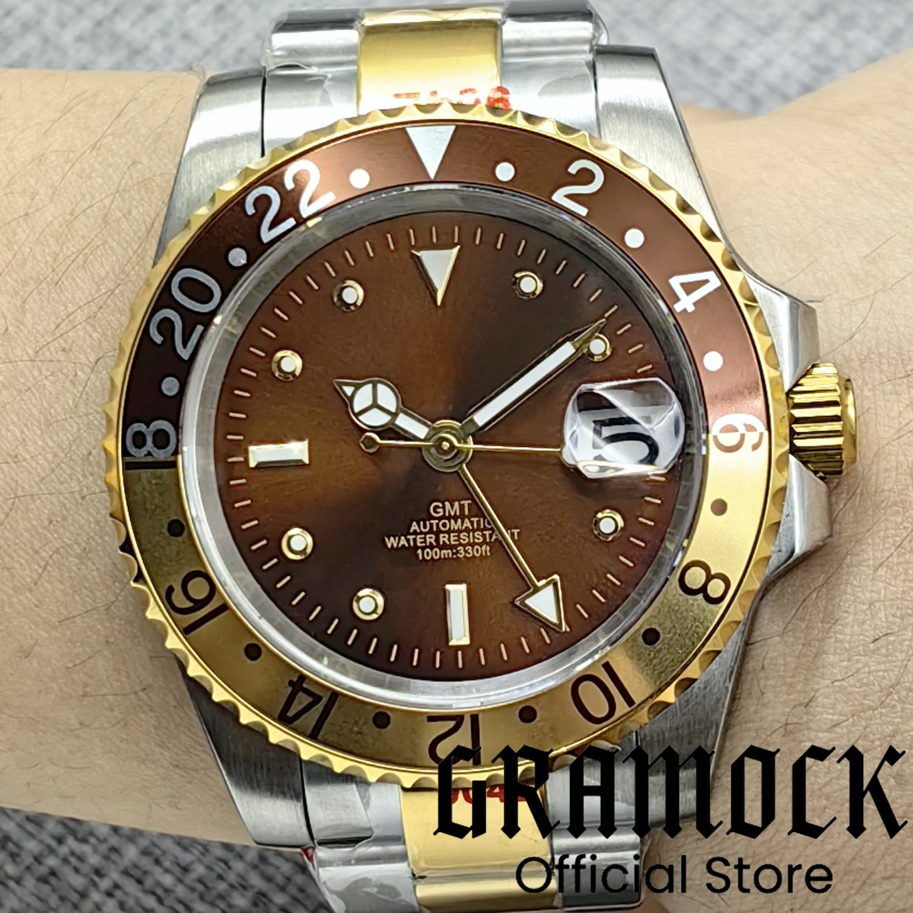 

Gramock 40MM Luxury Two Tone Gold Rootbeer NH34A DG3804 Watch for Men GMT Fuction Roating Bezel Waterproof Men Mechanical Watch