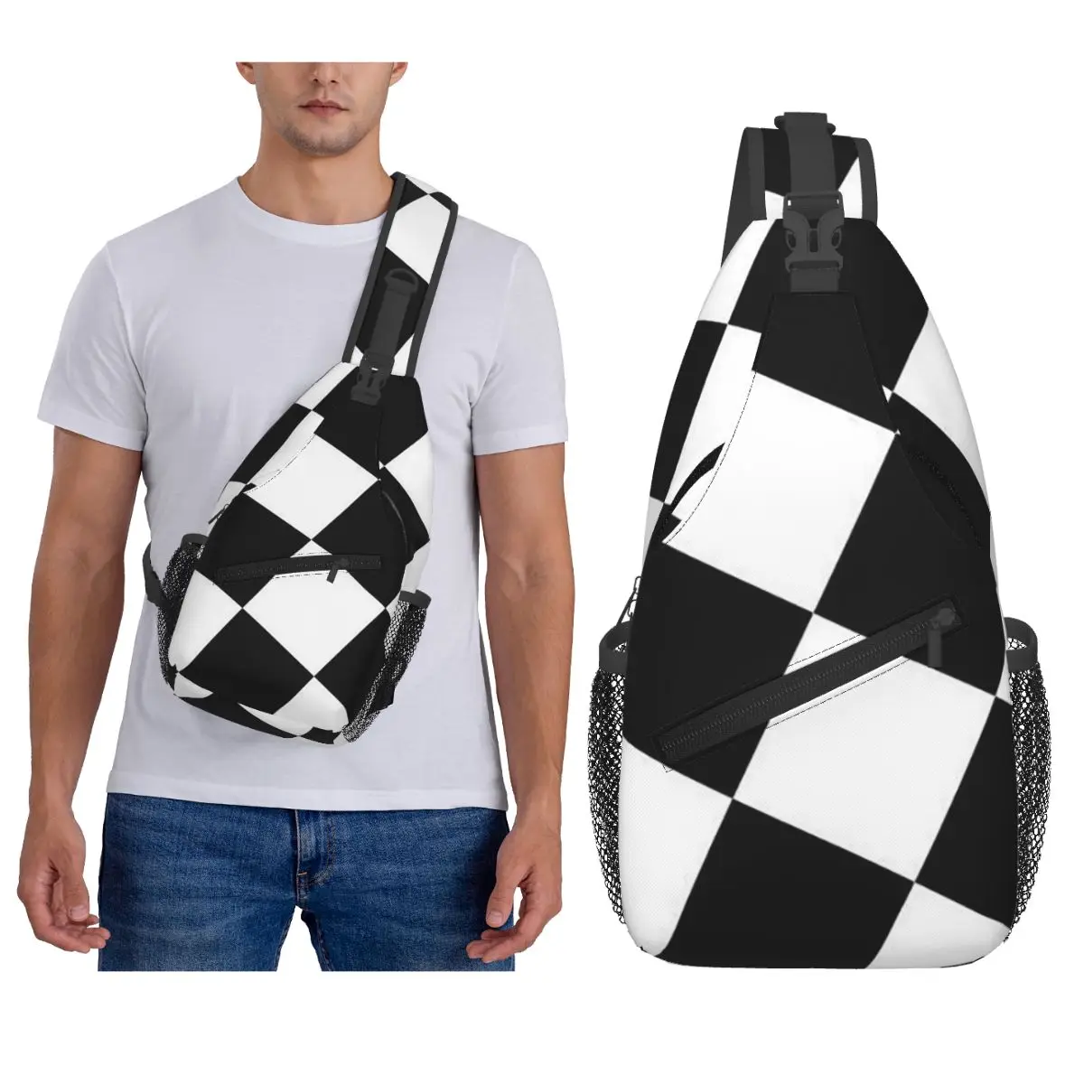 Checkered Squares Printing Chest Bag Men Sling Crossbody Backpack Chest Bag Travel Hiking Daypack Shoulder Bag