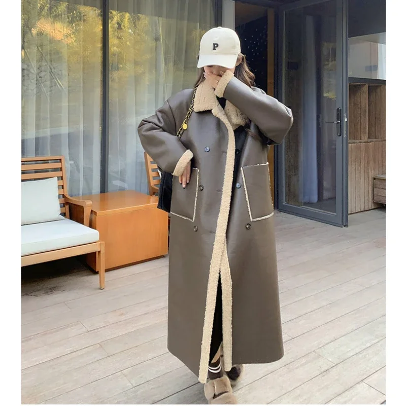 Lamb Hair Long Knee Length Artificial Fur Coat for Winter Women 2024 Fur Integrated Retro Thick Warm Motorcycle  Leather Jacket