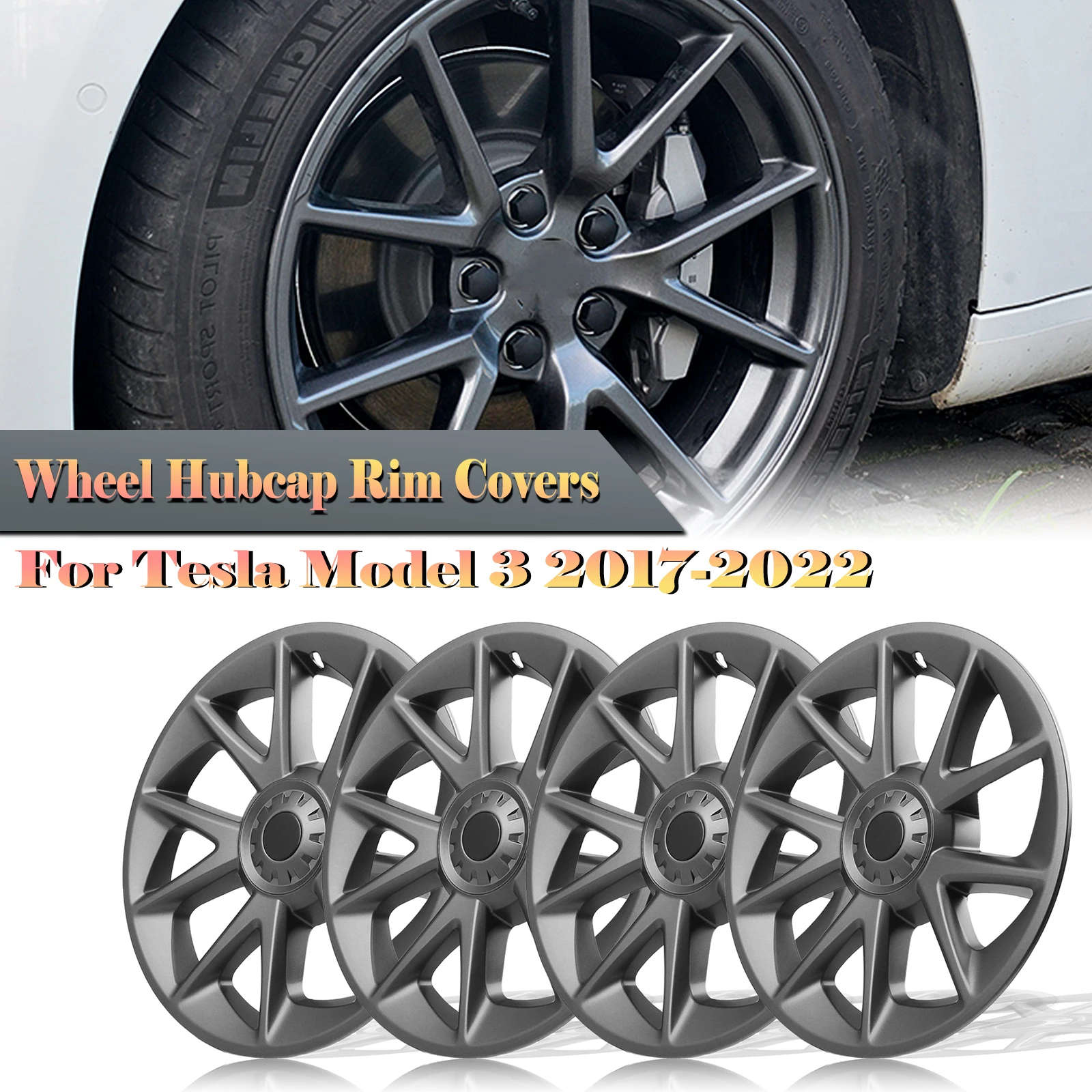 Gray 18 Inch Car Wheel Hubcap Rim Cover Hub Cap Automotive Part Blade Style For Tesla Model 3 2017-2023