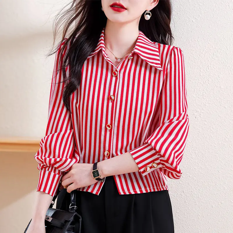 2024 New Summer Simplicity Elegant Fashion Retro Loose Korean Style Women\'s Shirt Chiffon Striped V Neck Long Sleeve Y2K Tops