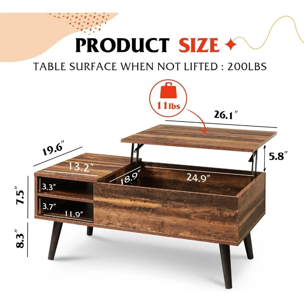 Mesa de centro superior elevadora de madera con compartimento oculto y estante de almacenamiento ajustable, para el hogar, sala de estar, oficina, roble rústico