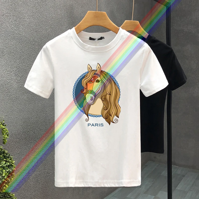 High Quality Luxury Brand 100% Cotton Horse Paris Printing Tees Summer Harajuku Men/Women Short Sleeve T-shirt Asian Size S-5XL