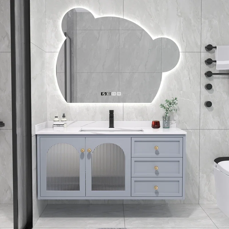 70-150cm Slate Bathroom Furniture Vanity Cabinet With Sink Cute Bear Mirror Integrated Solid Wood Style Cabinet Companion Wash