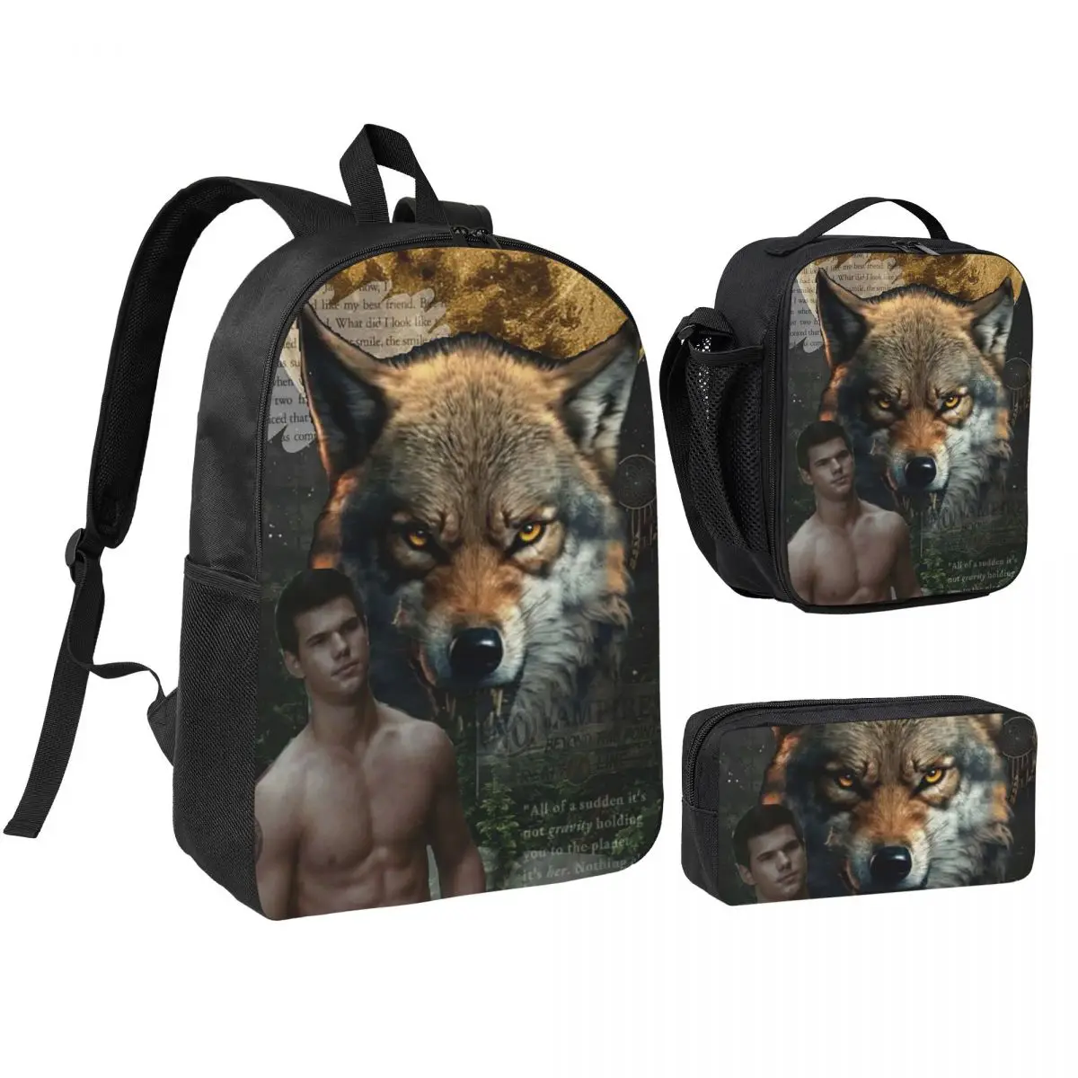 Twilight Jacob Black Backpack Student BookBag School Bag Shoulder Bags 3ps Insulated Lunch Bag Pencil Case