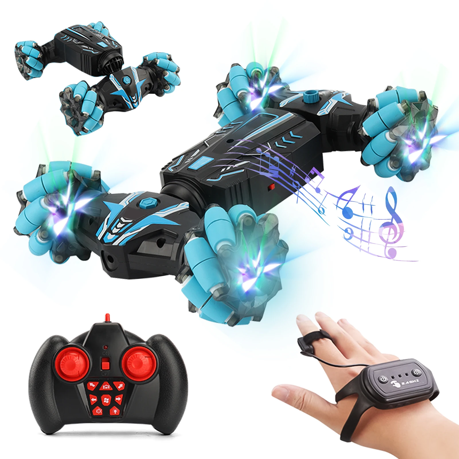 JC-01 RC Stunt Car 4WD 2.4GHz Watch Gesture Sensor Control Deformable Car All-Terrain Auto-demo for Kids with Spray Light Music