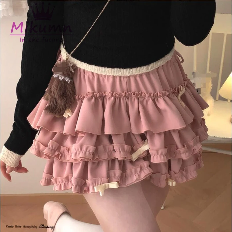 Mikumumal ROK MINI จับจีบฮาราจูกุแนวหวานๆสไตล์ญี่ปุ่นน่ารักๆเอวยางยืดมีโบว์กระโปรงมินิสเกิร์ตฟูกระโปรงเค้กน่ารักโลลิต้า