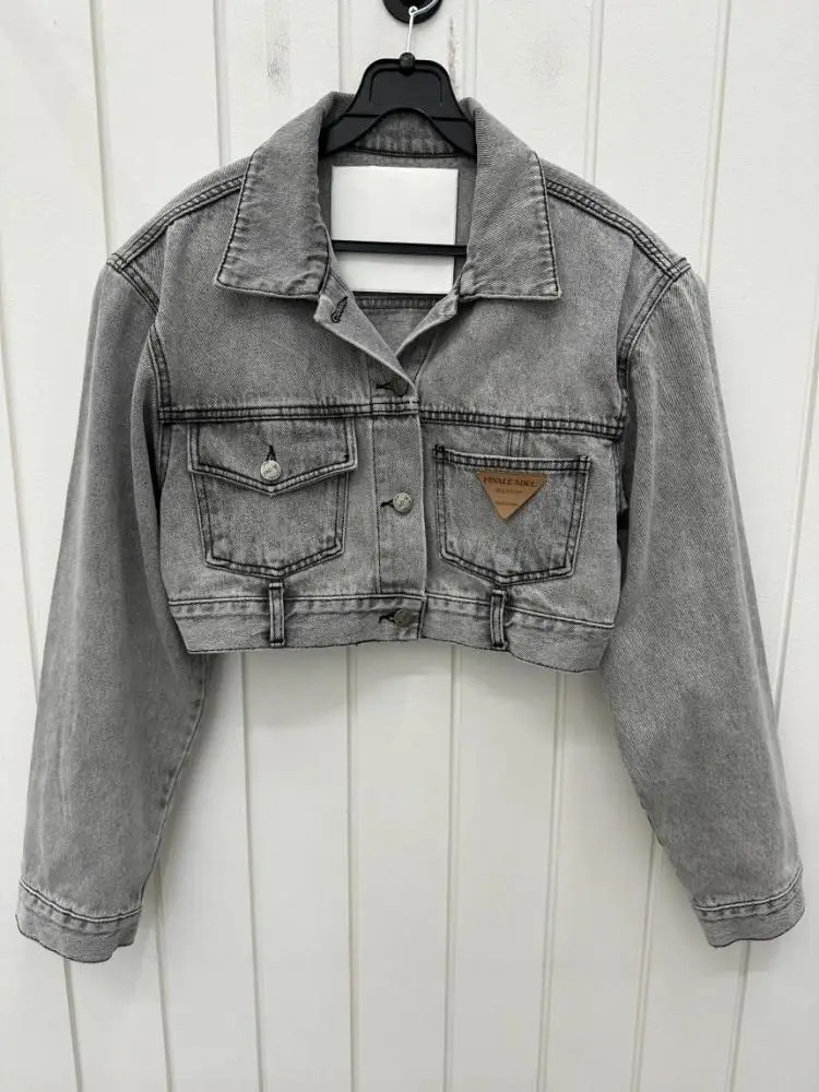 

Retro Grey Crop Denim Jacket Women Long Sleeve 2023 Autumn Street Korean Fashion High Waist Jean Coat Ladies Festival Outerwear